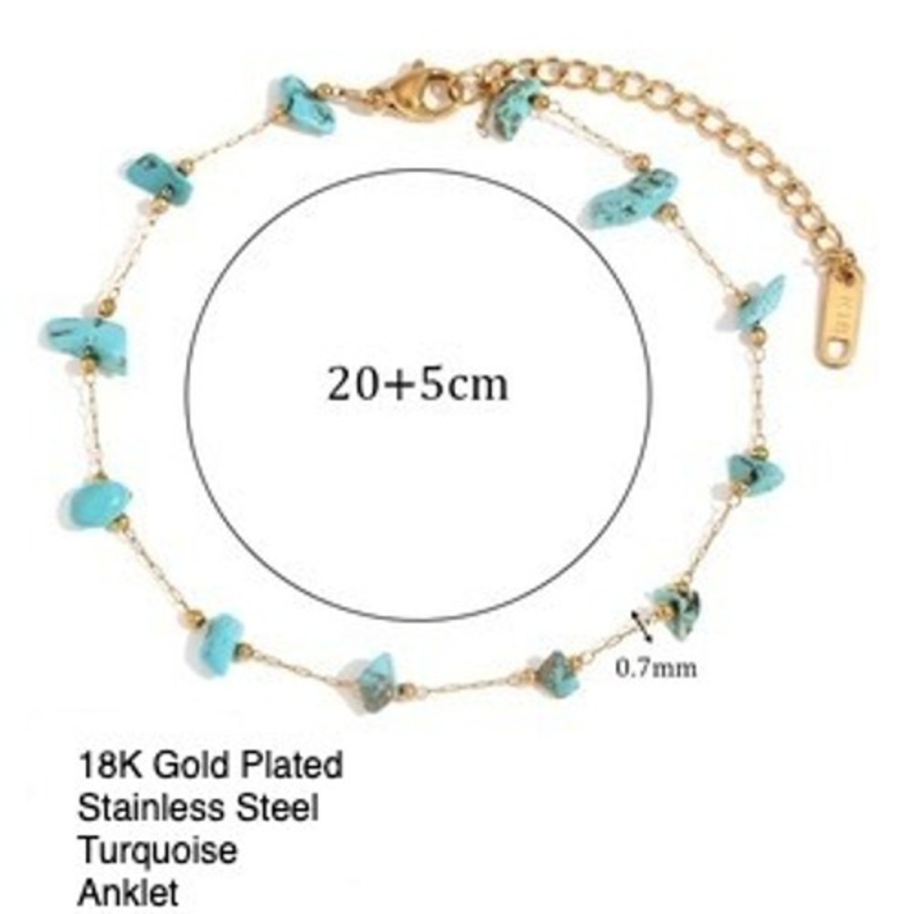 Turquoise Chip Anklet 18K Gold Plated Stainless Steel Boho Foot Jewelry - Picture 2 of 2
